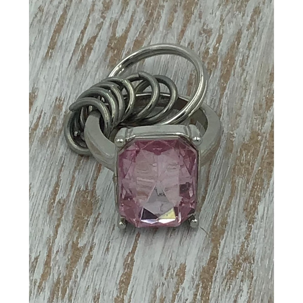 Pink Emerald Cut Crystal Statement KeyRing Silver Tone Multi Ring Charm Detail
